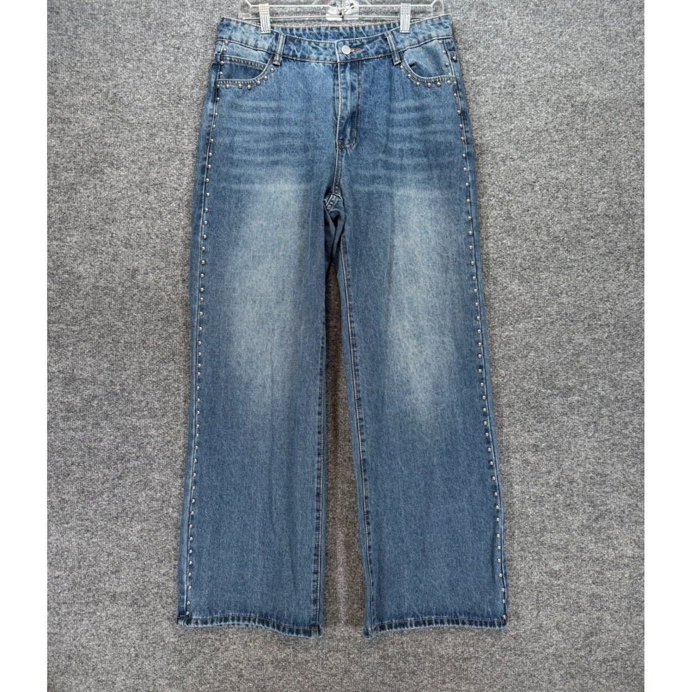 Windsor Wide Leg Jeans Womens Large Blue Studded High Rise Denim Pants NEW